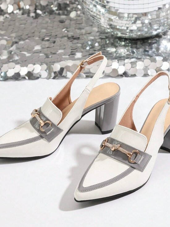 Grey Casual Chunky Heel Women's Pointed Toe Ankle Strap Sandals with Buckle - Picture 7 of 9
